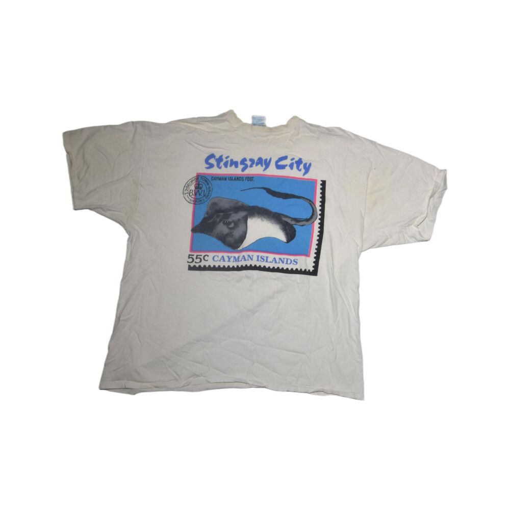 Vintage 90s Stingray City Cayman Islands Postage Stamp T-Shirt - 2XL